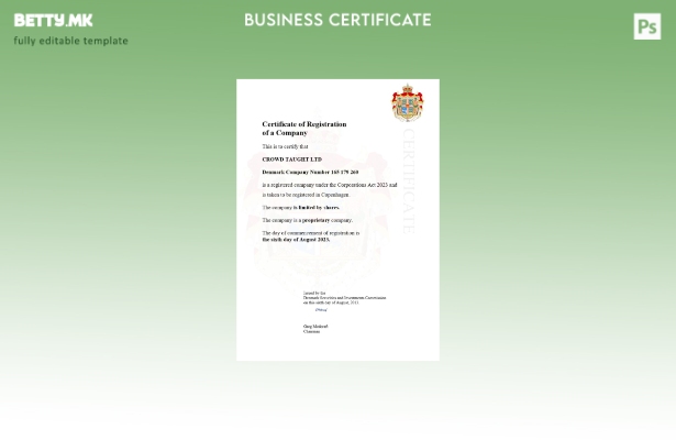 модерен стил Данска сертификат за регистрација Шаблон за Word и PDF